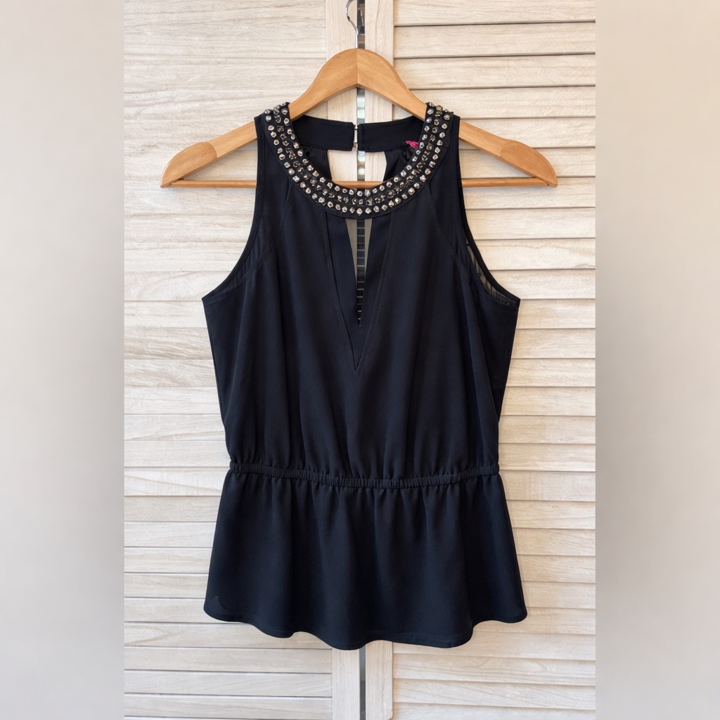 2b Bebe Black Peplum Halter Blouse W/Studded Neckline. Great Condition. Medium